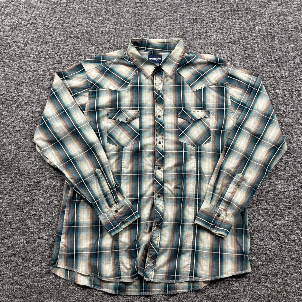 Wrangler Western Cowboy Plaid Pearl Snap Button Up Shirt Teal Brown XXL